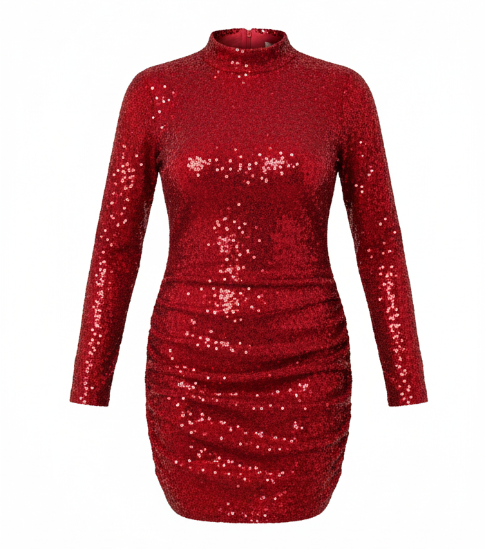Vestido corto de lentejuelas con cuello alto que impone elegancia con brillo