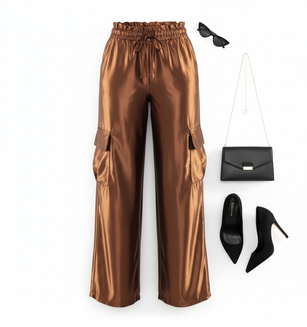Pantalón cargo satinado con caída fluida y efecto visual vibrante
