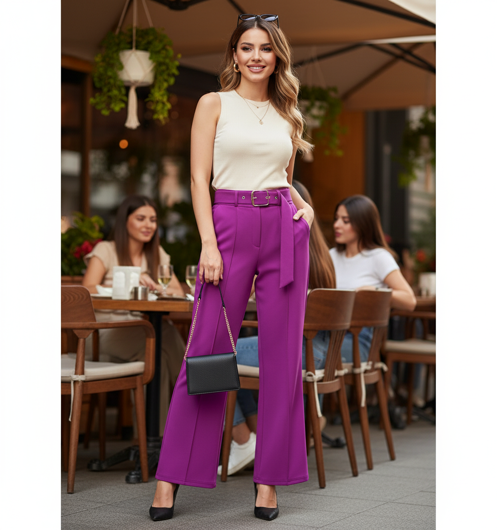 Pantalón acampanado con cinturón que estiliza y realza tu presencia