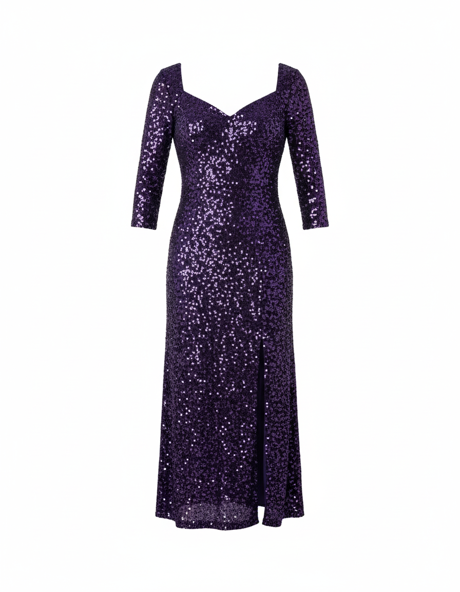 Vestido largo de lentejuelas con escote corazón y abertura que roba miradas