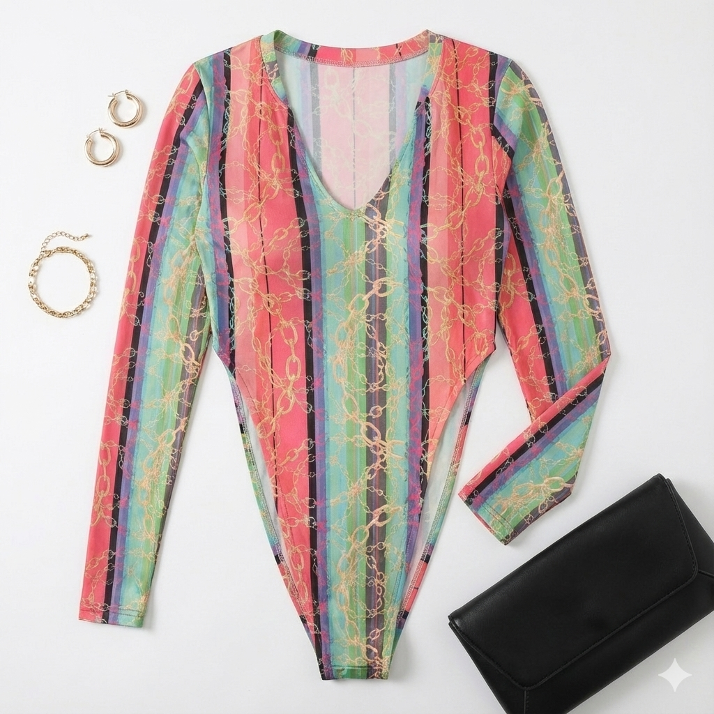 Pantyblusa brasileña de rayas multicolor con cadenas doradas y espalda descubierta