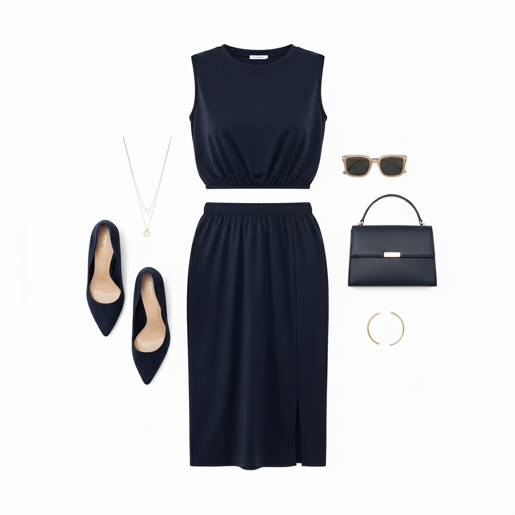Conjunto clásico con falda midi y top sin mangas que define tu silueta con naturalidad