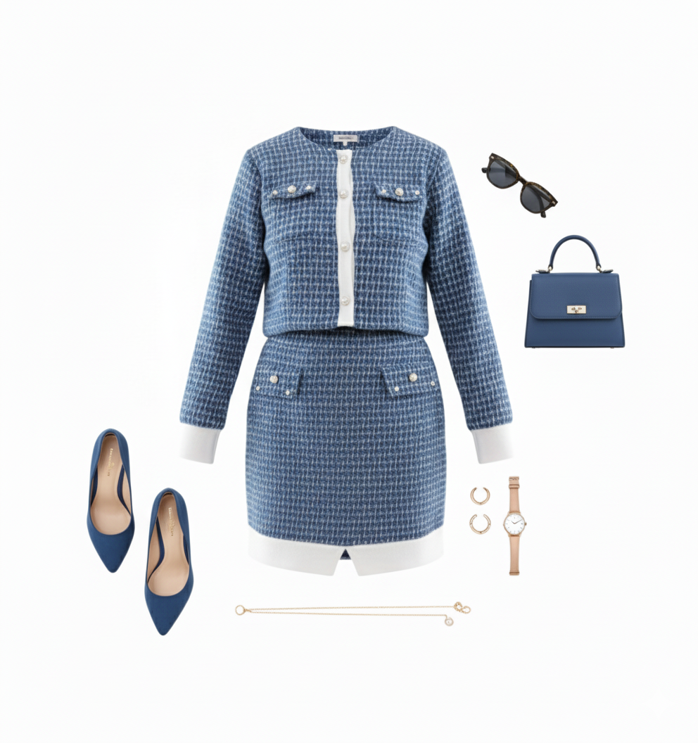 Conjunto con saco y falda corta que proyecta elegancia con orden visual