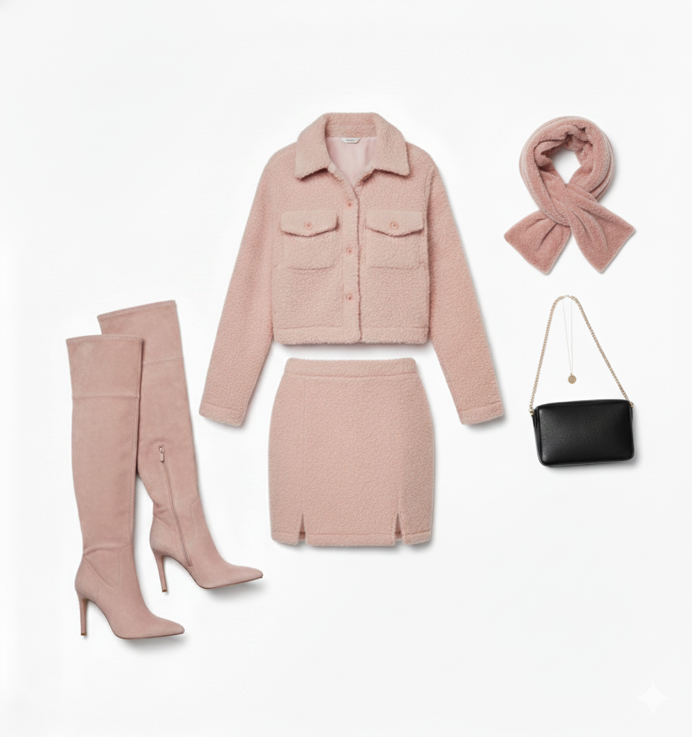 Conjunto de falda y saco afelpado que combina calidez y estilo chic