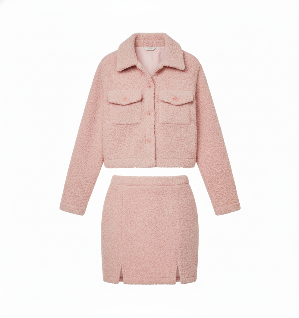 Conjunto de falda y saco afelpado que combina calidez y estilo chic