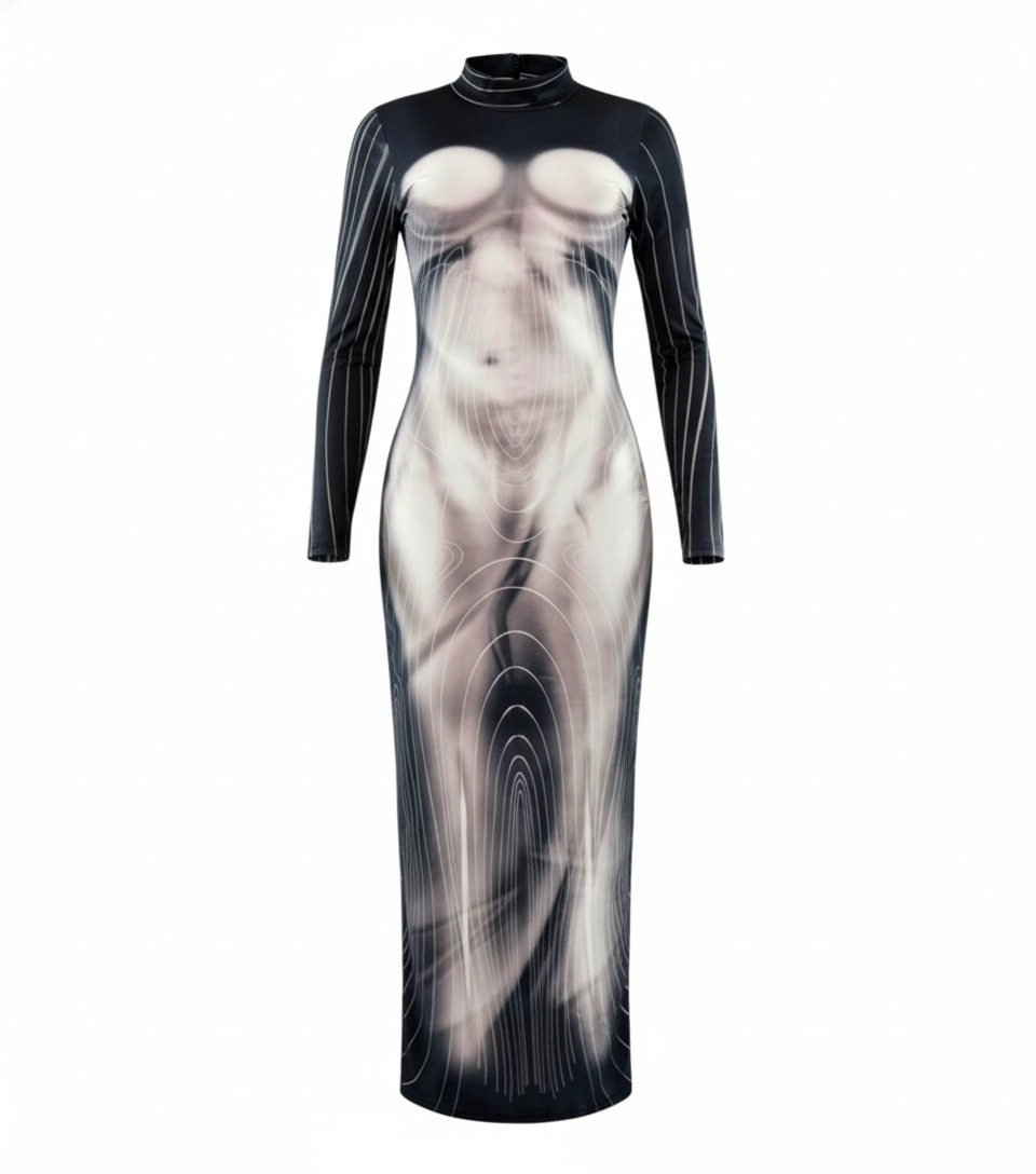Vestido largo con estampado artístico que redefine la silueta con audacia