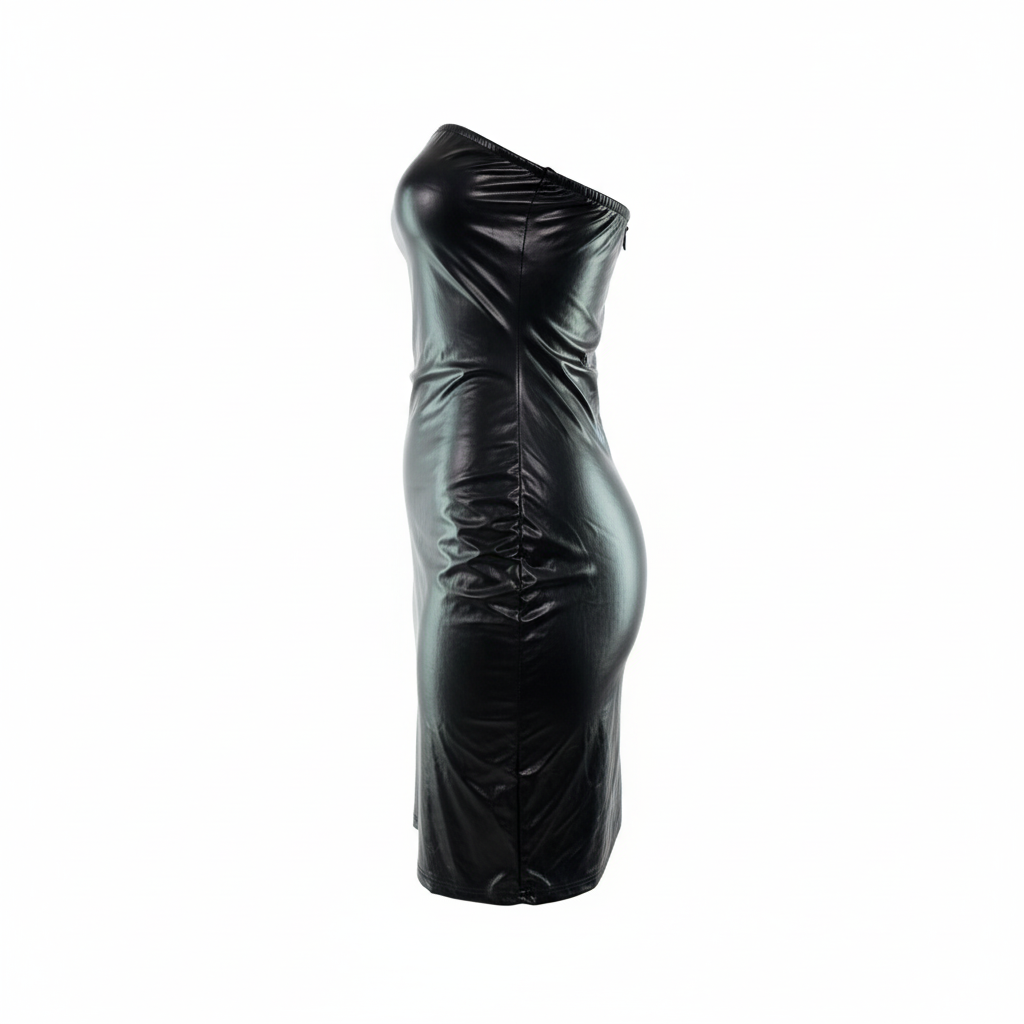 Vestido corto strapless de vinil que potencia tu silueta con audacia visual