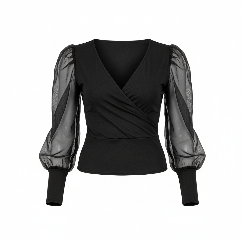Pantyblusa con mangas de tul y escote profundo que impone elegancia con actitud