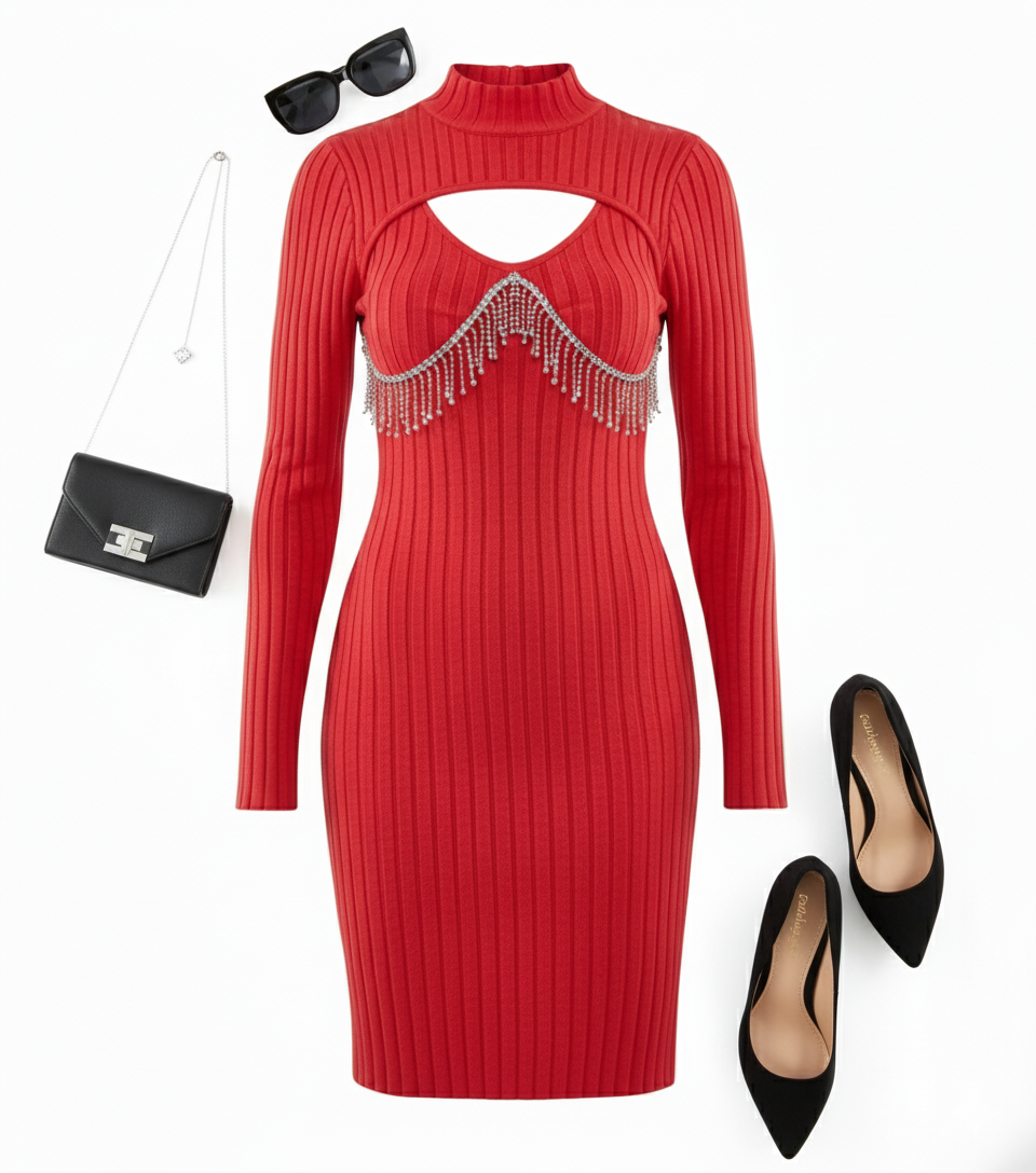 Vestido corto de punto con cristales que acentúa tu silueta con distinción
