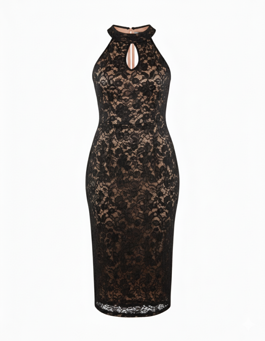 Vestido largo de encaje con escote halter que realza tu sensualidad elegante
