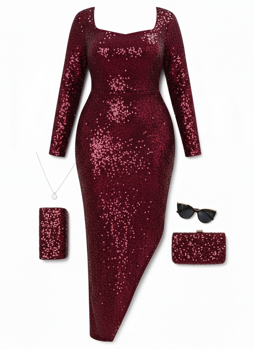 Vestido largo de lentejuelas con escote que celebra tus curvas con glamour