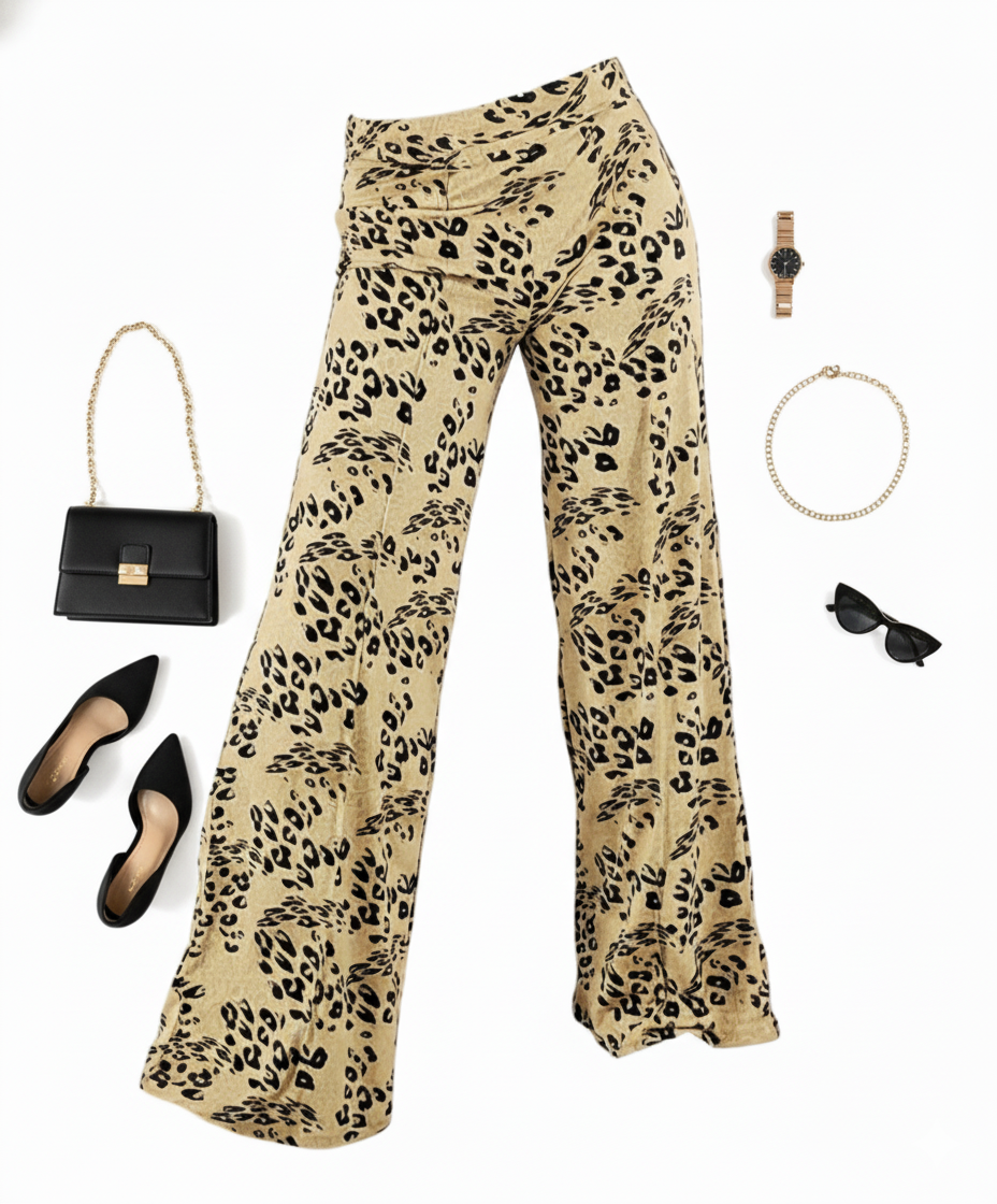 Pantalón acampanado con estampado felino que alarga tu silueta