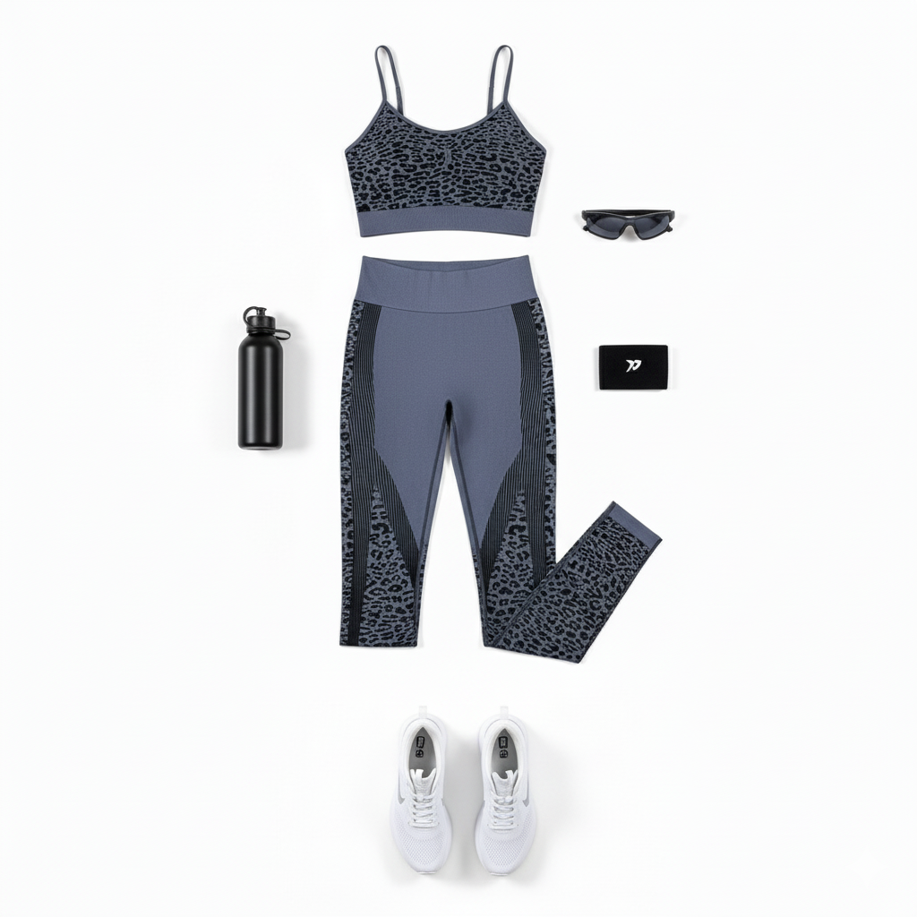 Conjunto deportivo moldeador con estampado felino que potencia tu energía