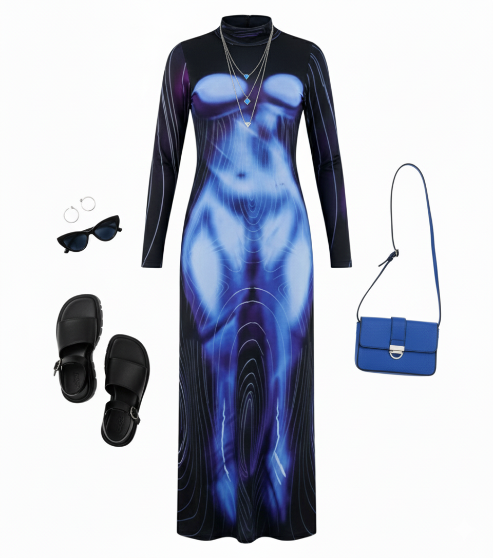 Vestido largo con estampado artístico que redefine la silueta con audacia