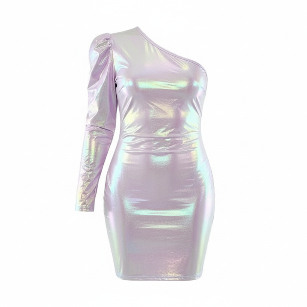 Minivestido iridiscente de una manga que irradia sensualidad galáctica