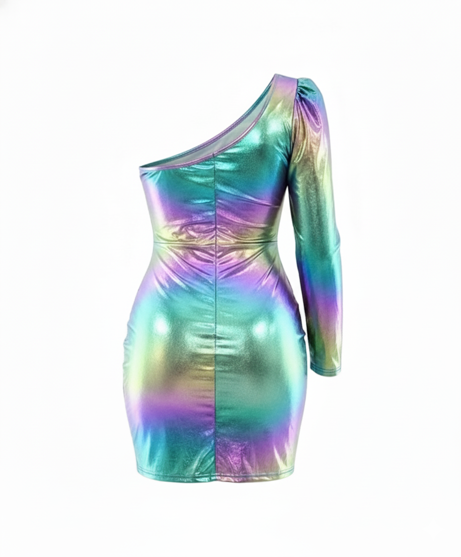 Minivestido iridiscente de una manga que irradia sensualidad galáctica