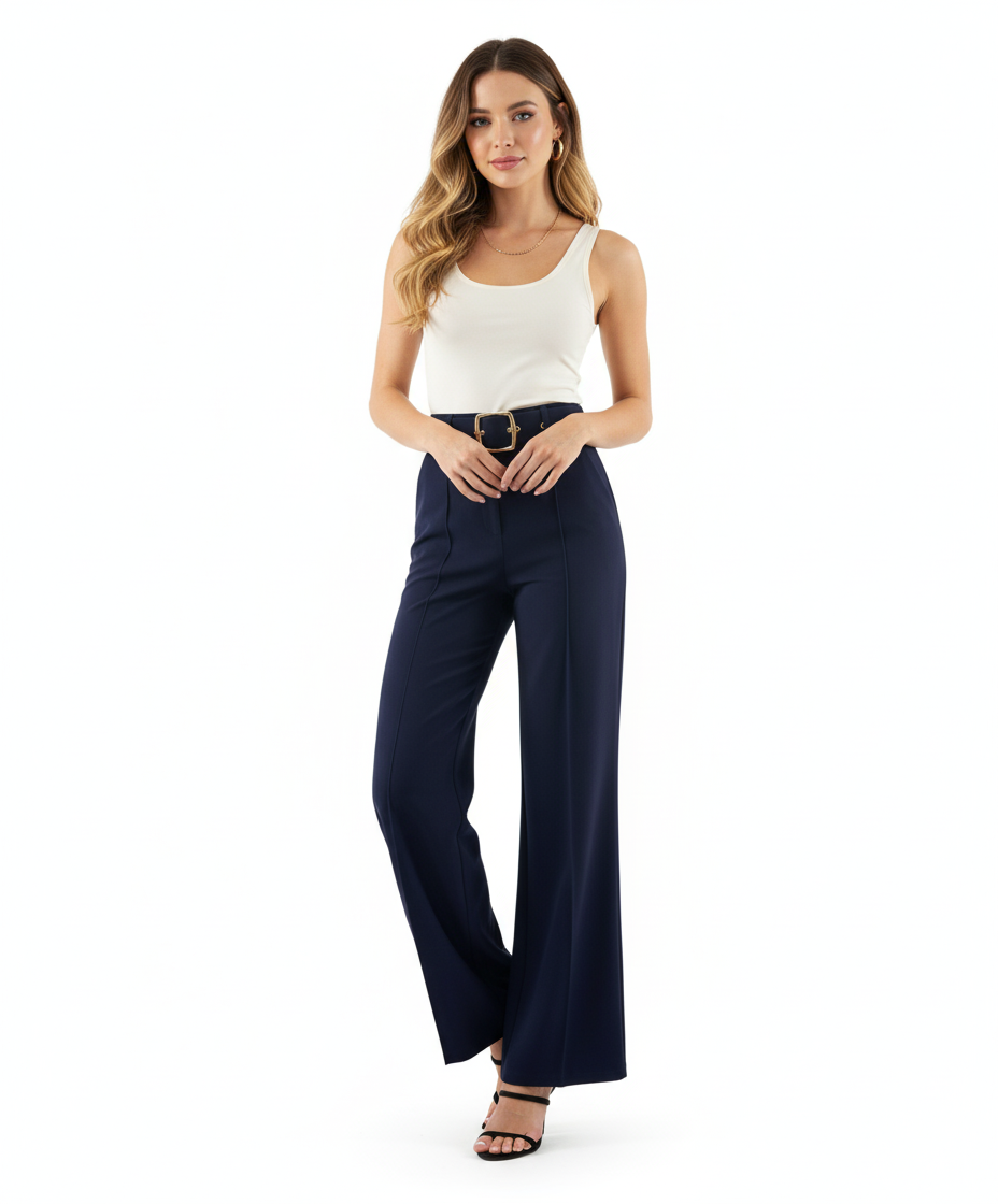 Pantalón acampanado con cinturón que estiliza y realza tu presencia