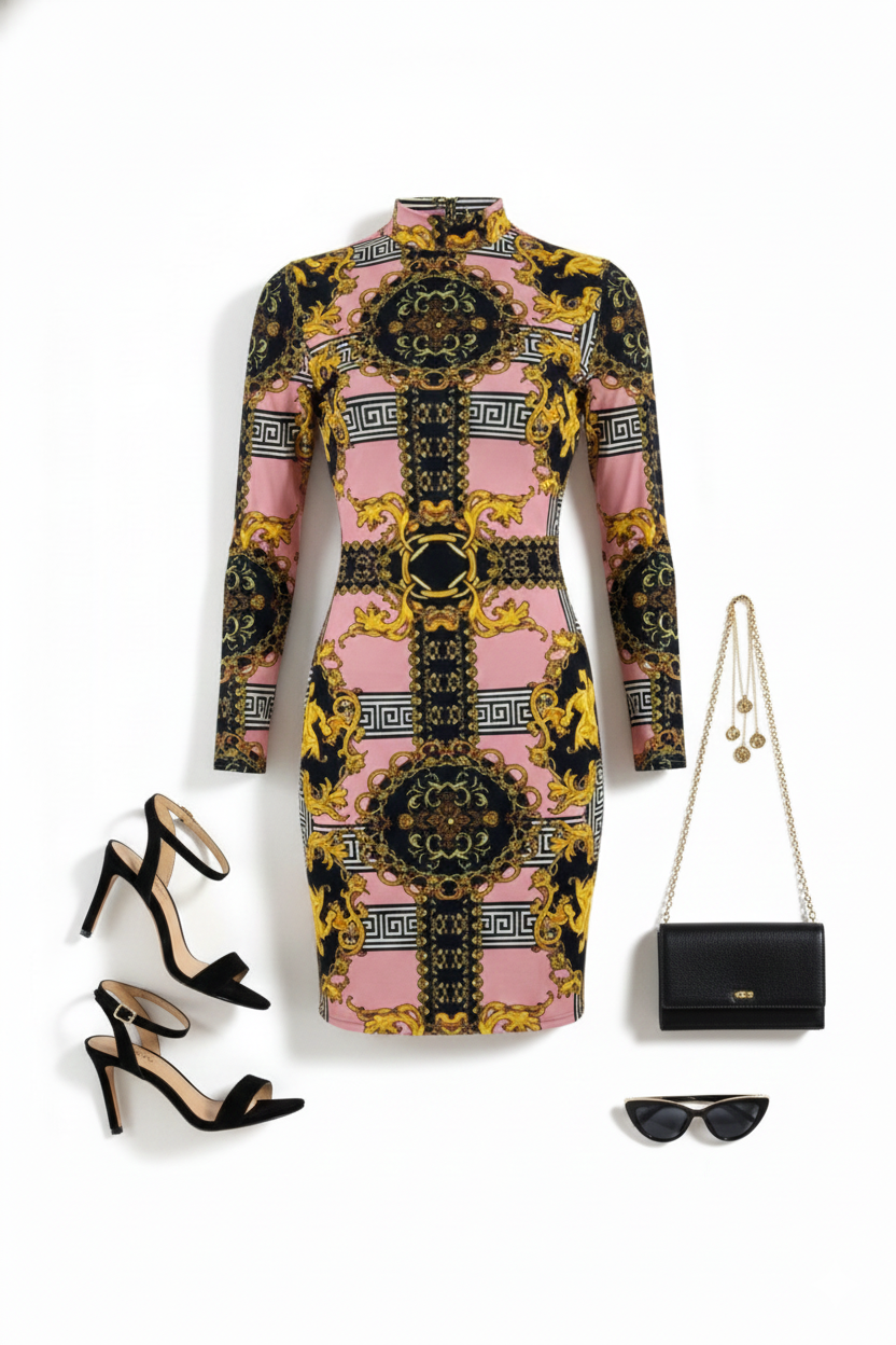 Minivestido buchón de lycra spandex con cuello tortuga y manga larga