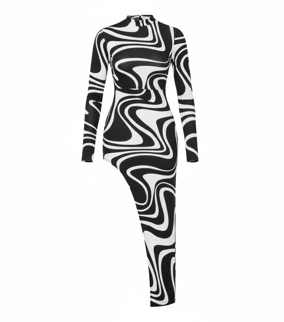 Vestido largo asimétrico con estampado de ondas que estiliza con movimiento