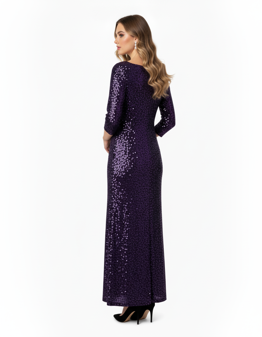 Vestido largo de lentejuelas con escote corazón y abertura que roba miradas