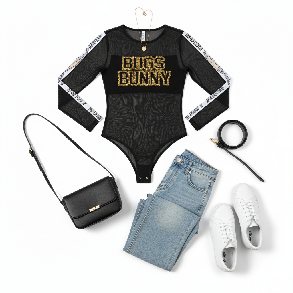 Pantyblusa transparente con brillo y estampado urbano que enciende tu estilo