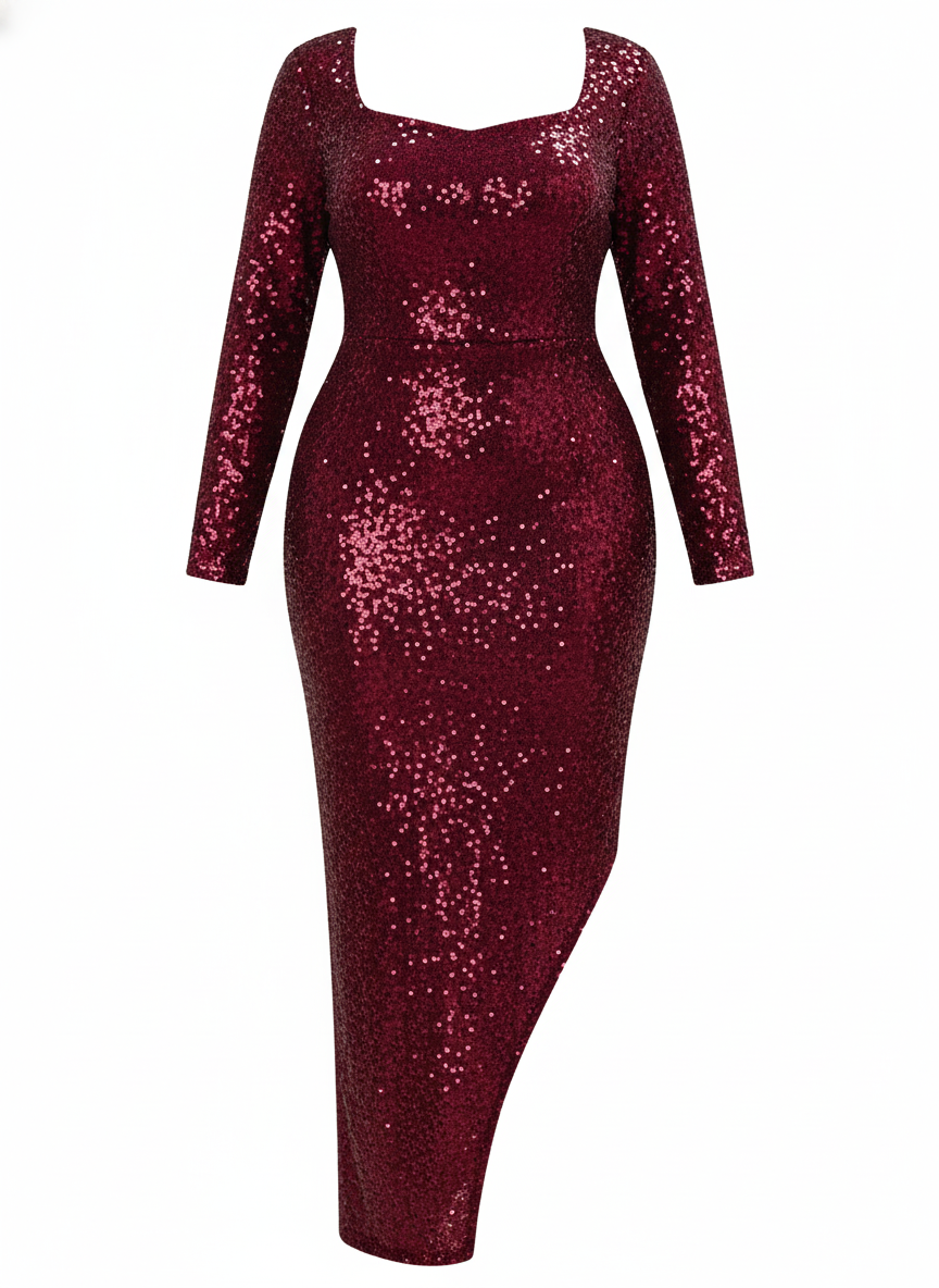 Vestido largo de lentejuelas con escote que celebra tus curvas con glamour