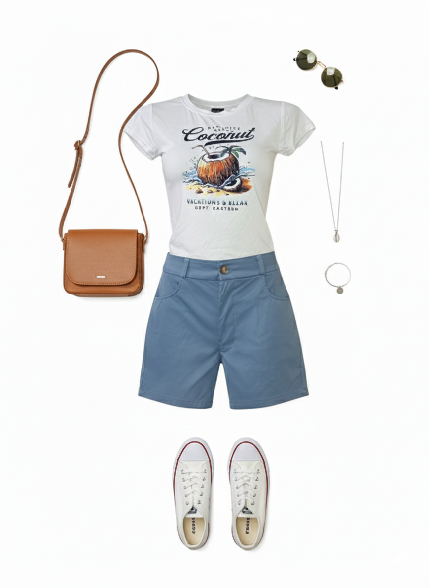 Conjunto casual slim con blusa gráfica y short estructurado