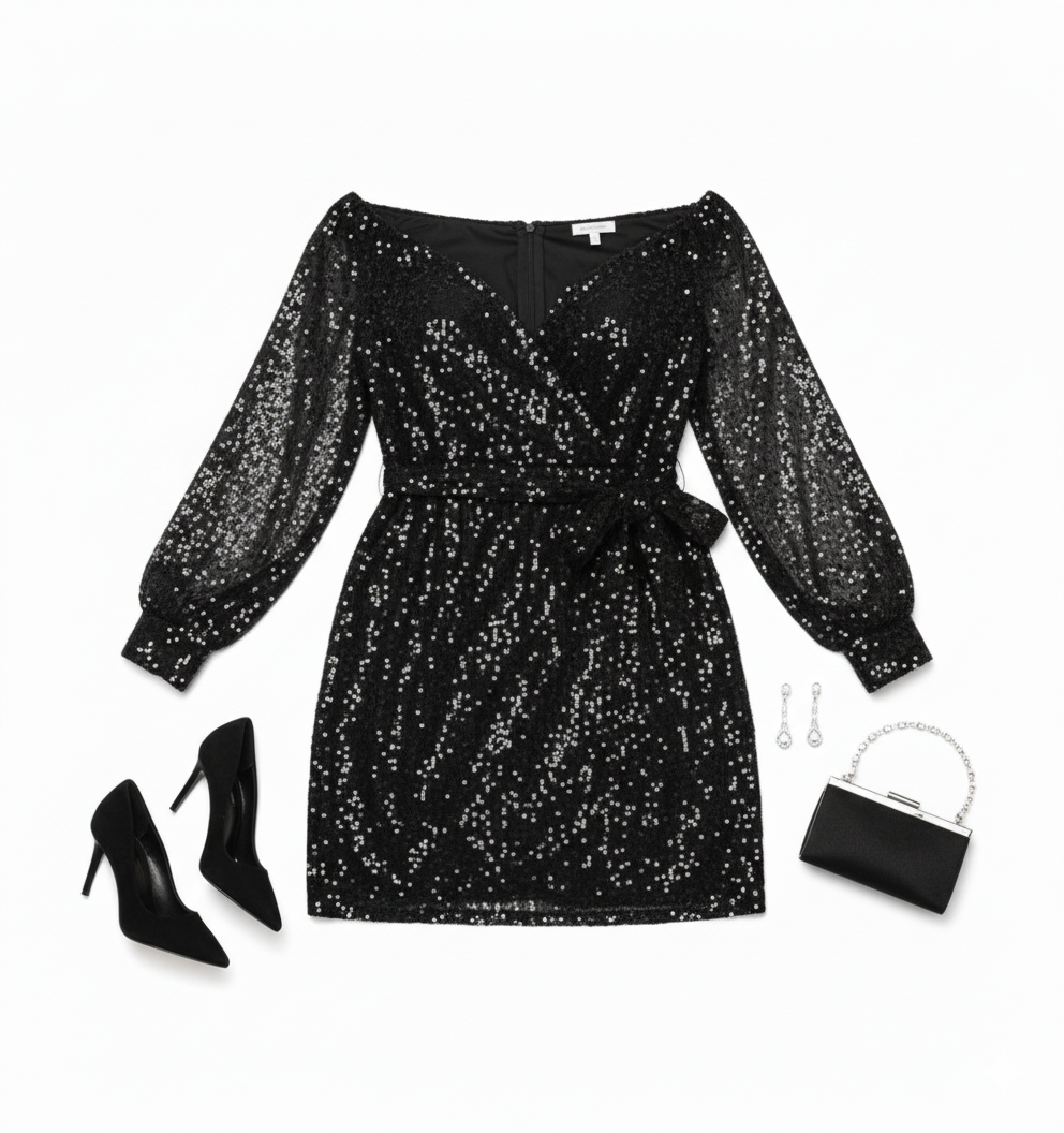 Vestido corto brillante con escote en V que estiliza con sensualidad elegante