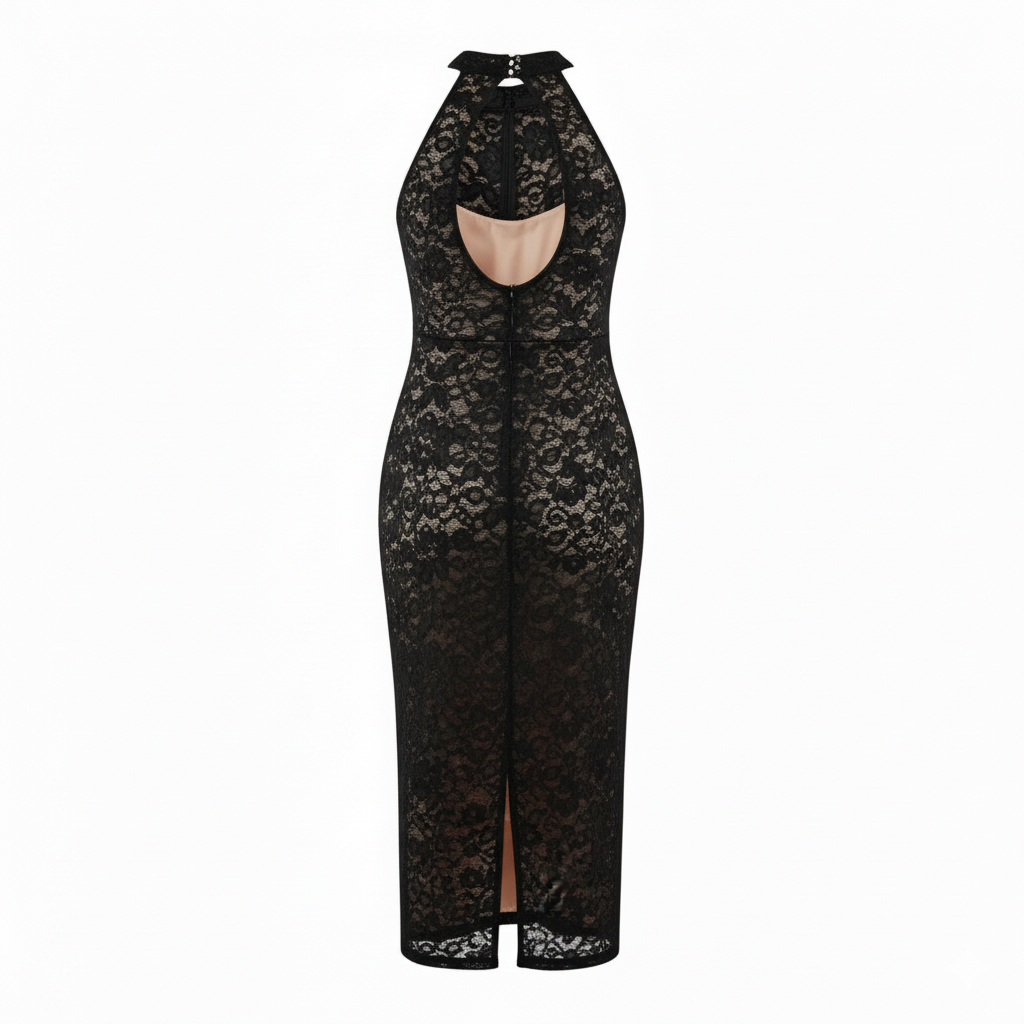 Vestido largo de encaje con escote halter que realza tu sensualidad elegante