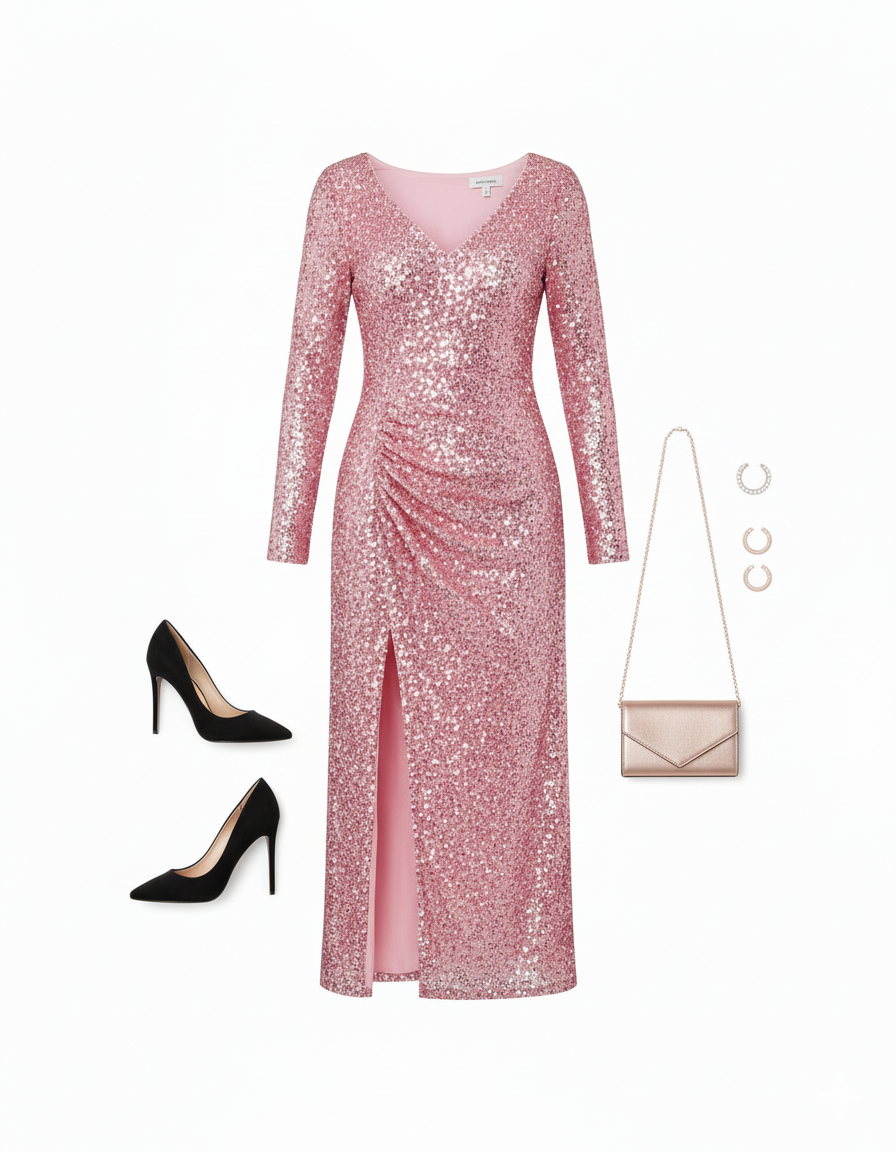 Vestido largo de lentejuelas con escote corazón y abertura que roba miradas