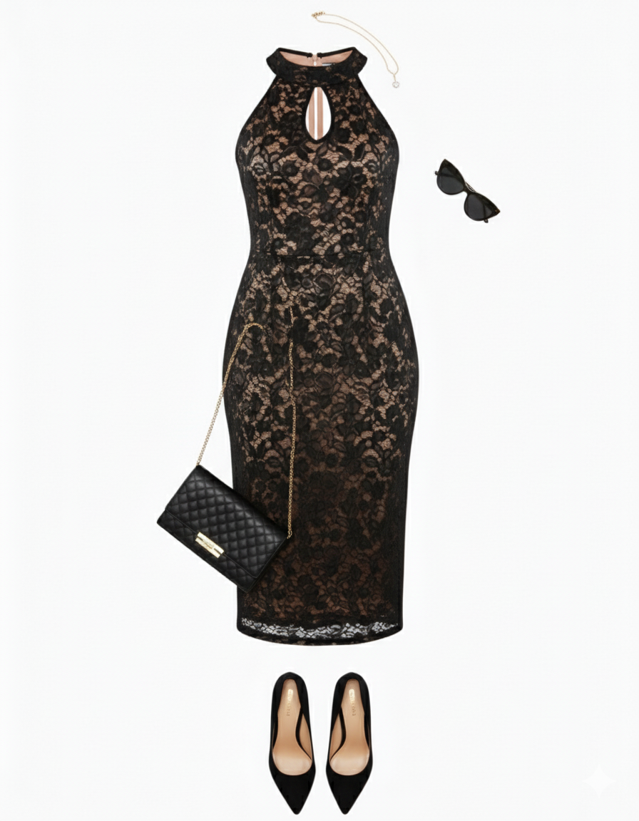 Vestido largo de encaje con escote halter que realza tu sensualidad elegante