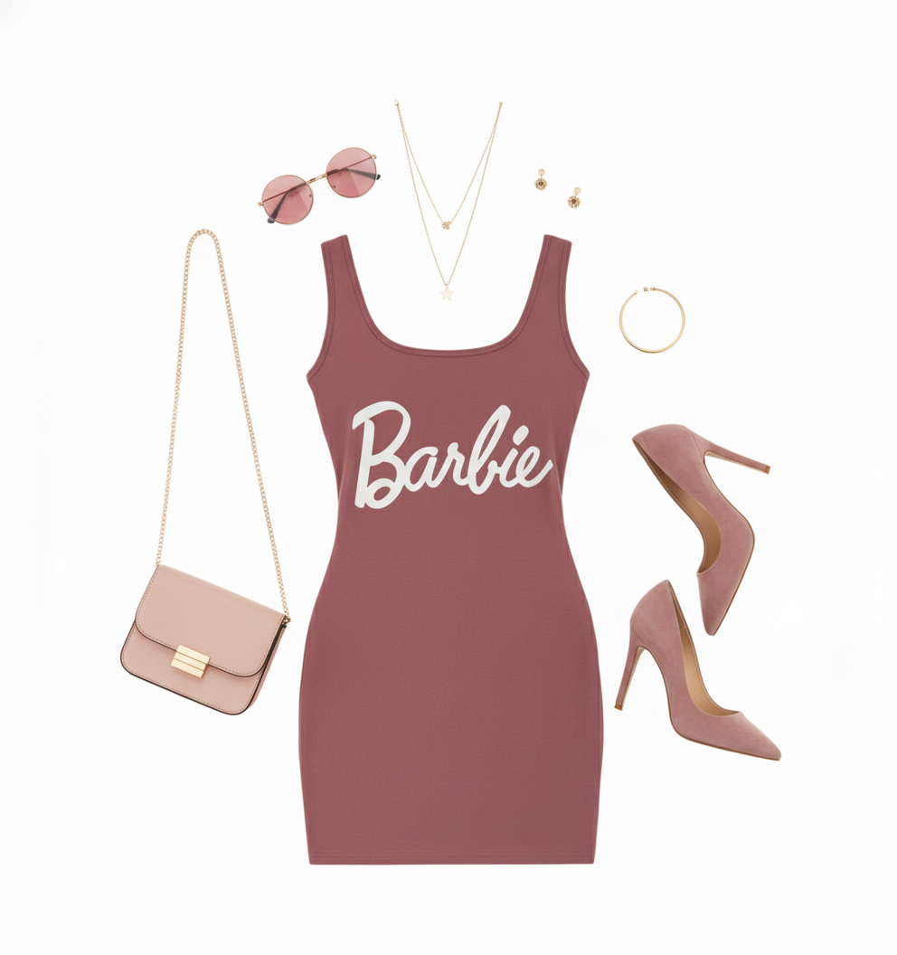 Vestido corto acanalado con estampado Barbie para un look divertido y coqueto
