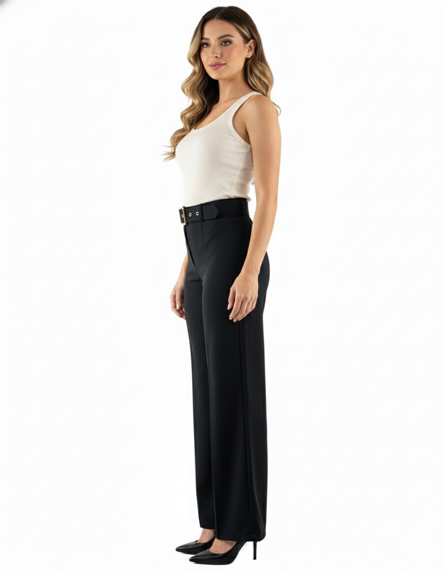 Pantalón acampanado con cinturón que estiliza y realza tu presencia