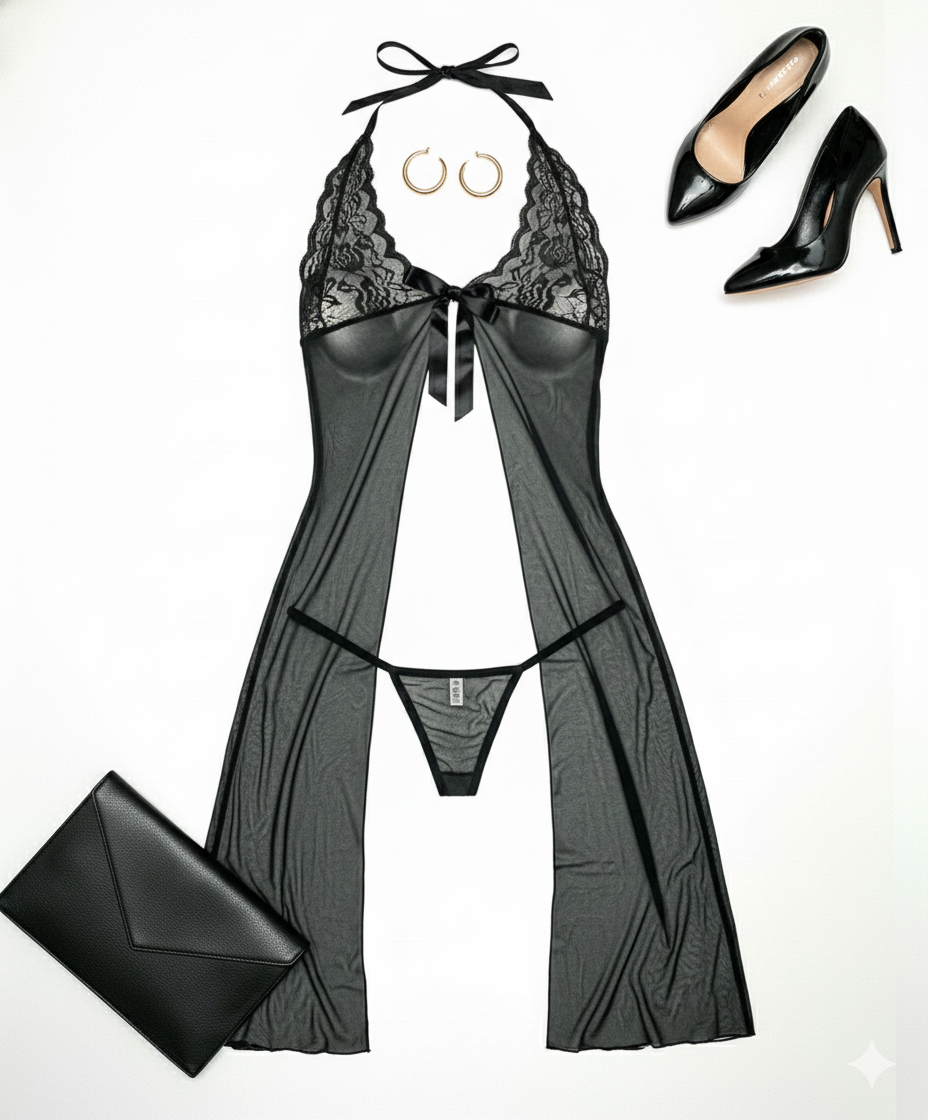 Babydoll largo de encaje y transparencias con escote halter y corte sensual