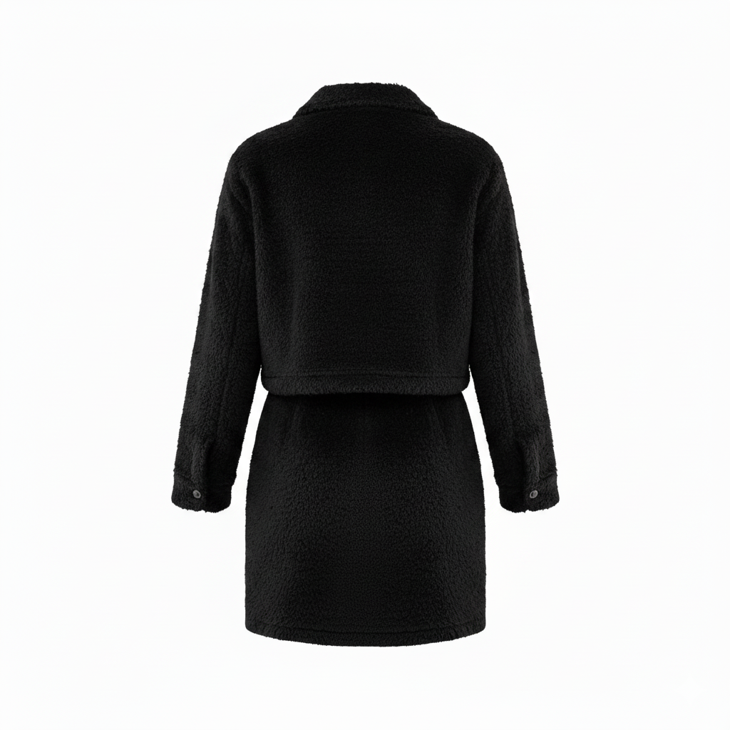 Conjunto de falda y saco afelpado que combina calidez y estilo chic