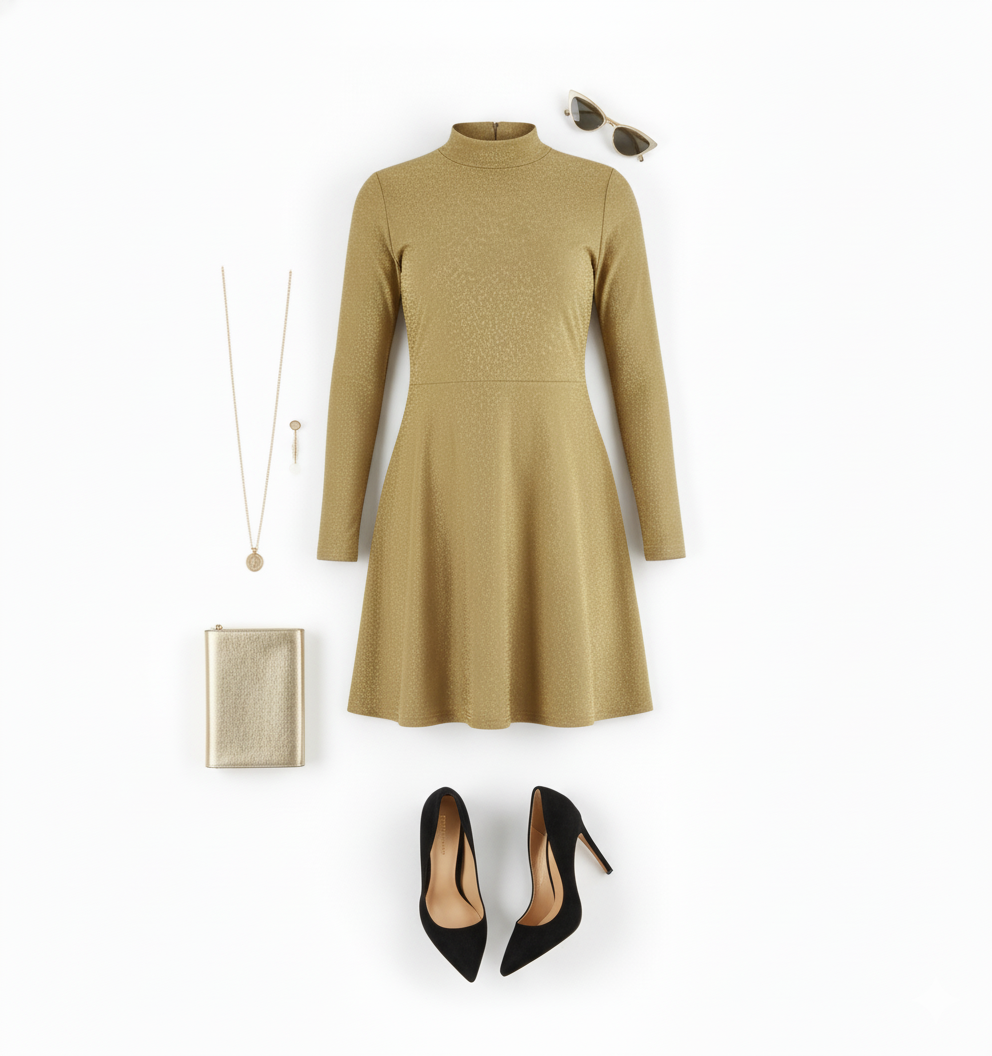Vestido corto brillante con cuello tortuga que estiliza con elegancia casual