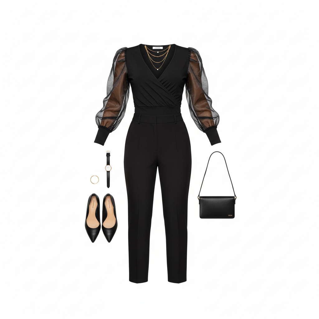 Pantyblusa con mangas de tul y escote profundo que impone elegancia con actitud