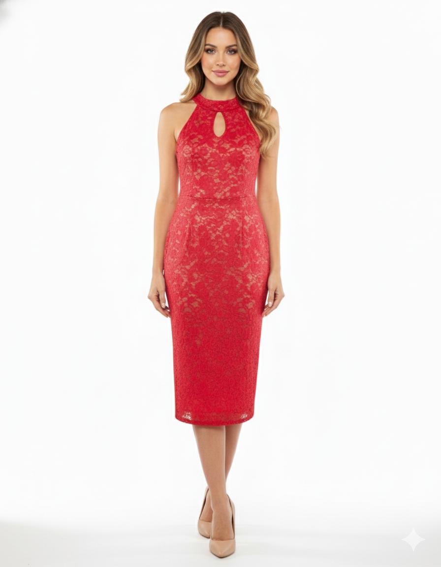 Vestido largo de encaje con escote halter que realza tu sensualidad elegante