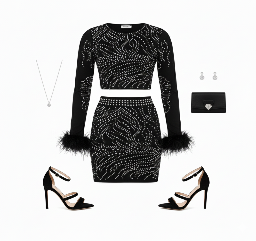Conjunto falda y blusa con cristales que resalta tu brillo personal