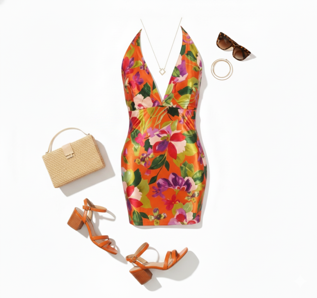 Vestido corto satinado con cuello halter que resalta tu figura con flores vibrantes