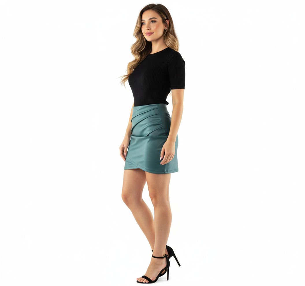 Minifalda drapeada de vinipiel que realza tu silueta con elegancia urbana