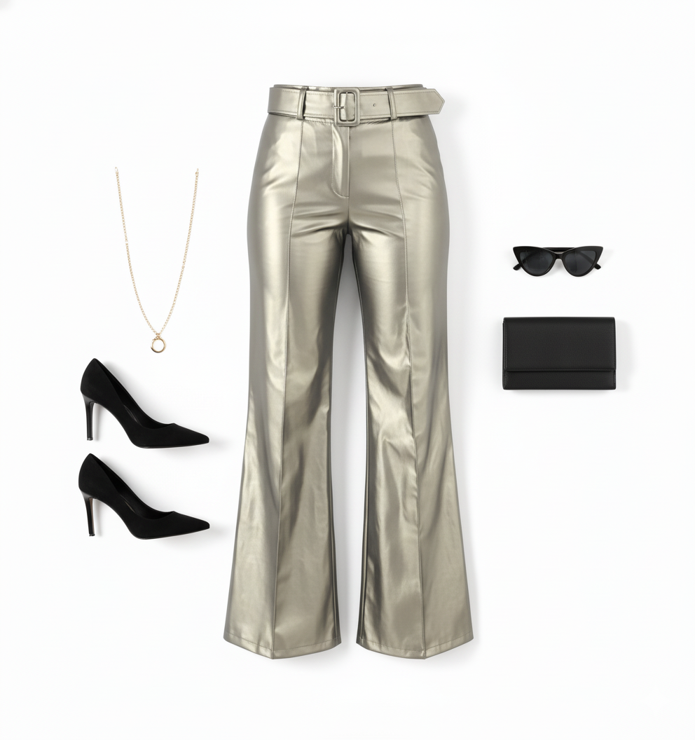 Pantalón acampanado con efecto vinilado que alarga tu silueta con estilo audaz