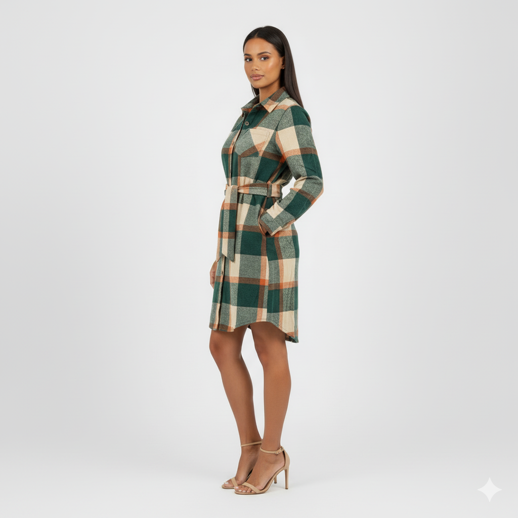 Vestido corto camisero de franela que transmite autenticidad relajada