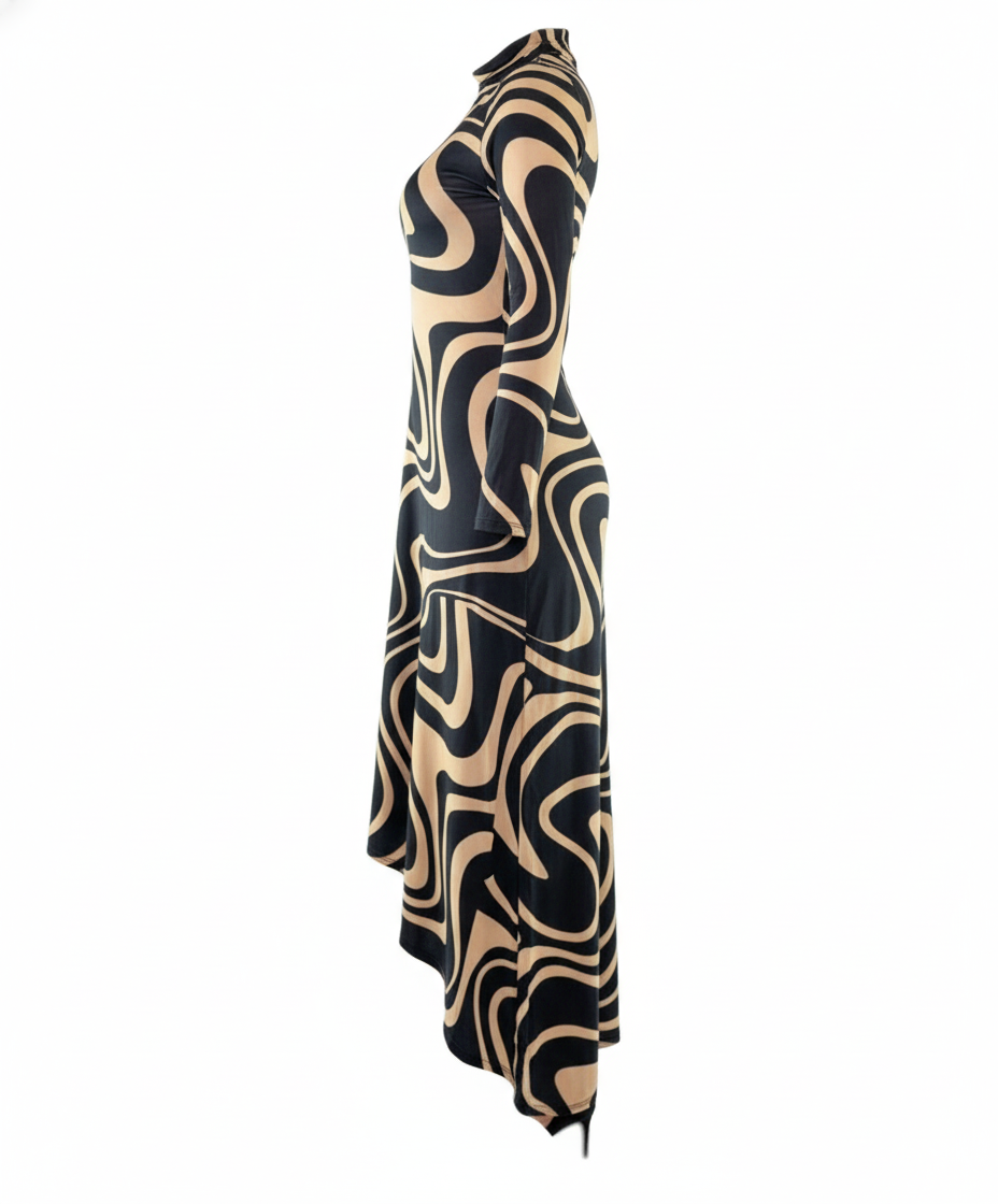 Vestido largo asimétrico con estampado de ondas que estiliza con movimiento