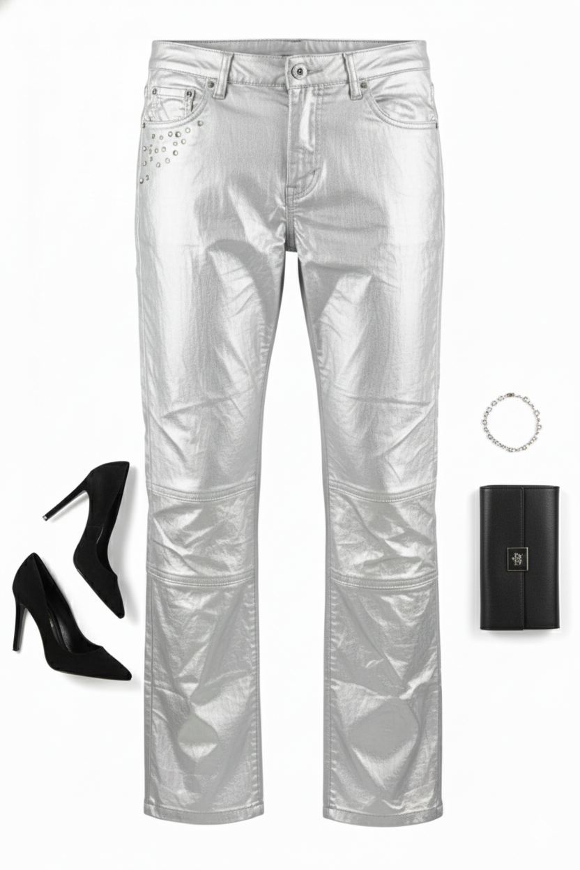 Pantalón recto con brillo metálico para looks que deslumbran sin esfuerzo