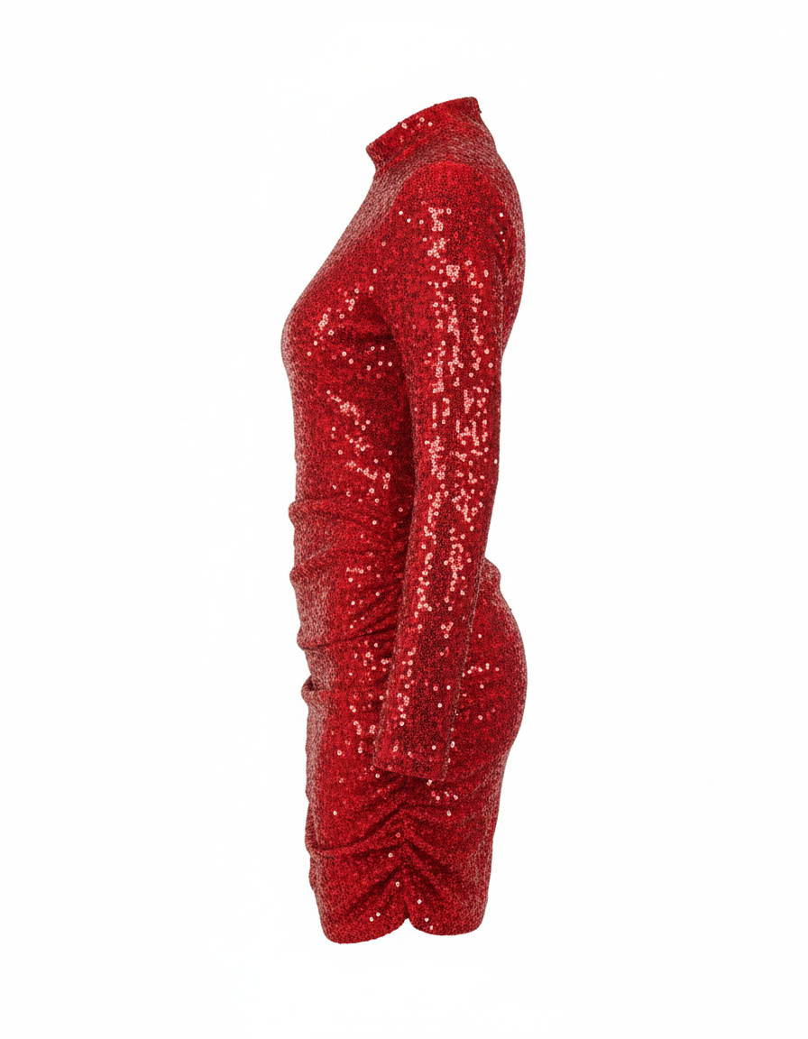 Vestido corto de lentejuelas con cuello alto que impone elegancia con brillo