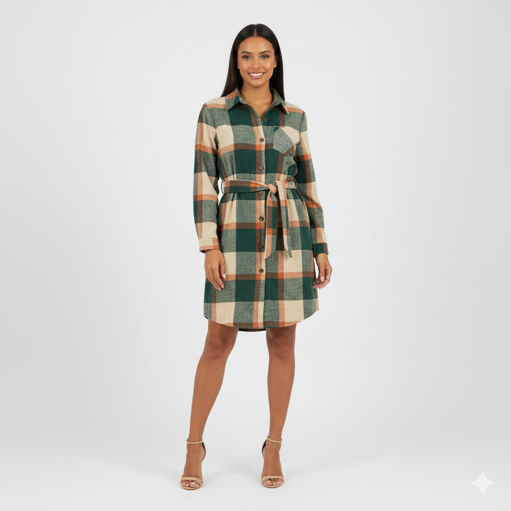 Vestido corto camisero de franela que transmite autenticidad relajada