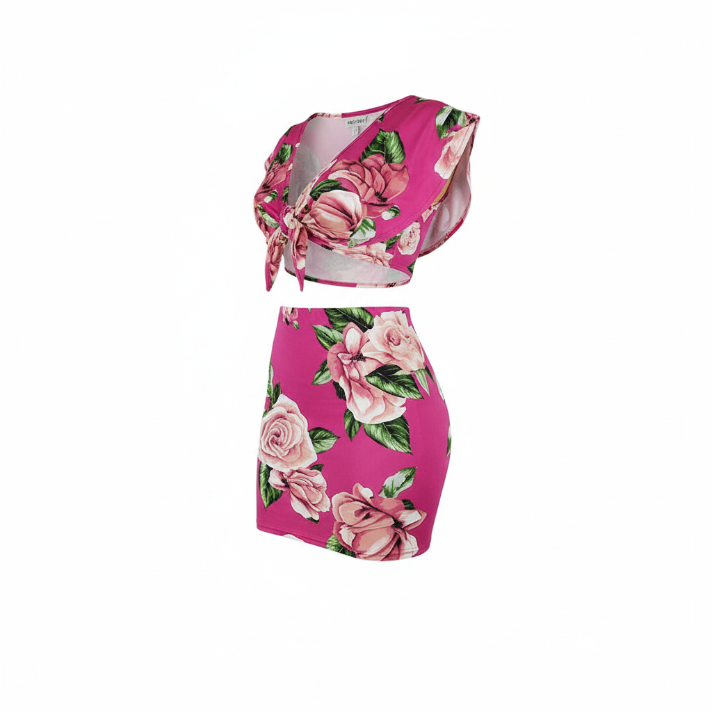 Conjunto floral con minifalda y top ajustable para vibrar con alegría femenina