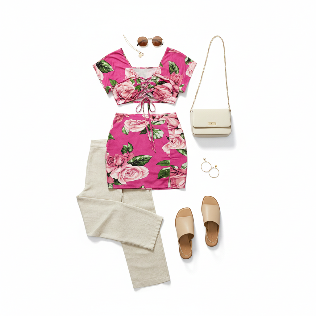Conjunto floral con minifalda y top ajustable para vibrar con alegría femenina