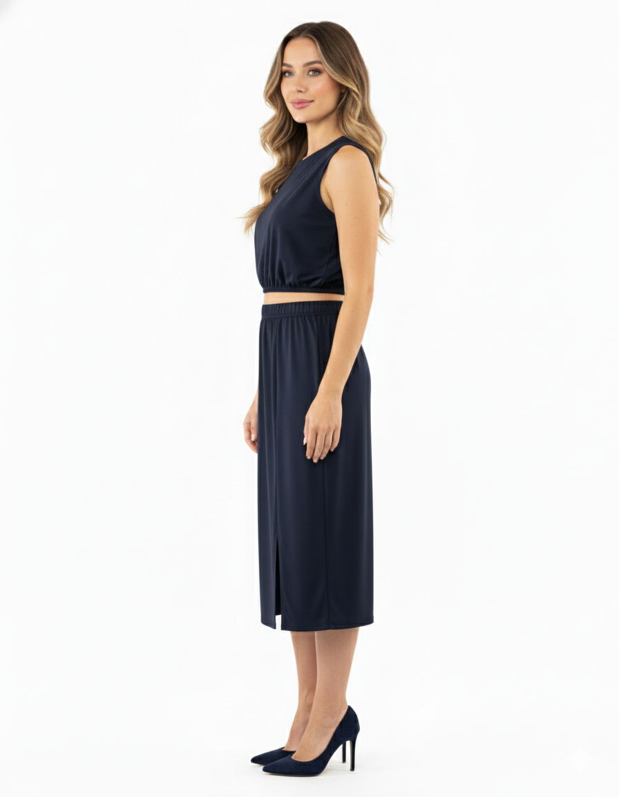 Conjunto clásico con falda midi y top sin mangas que define tu silueta con naturalidad